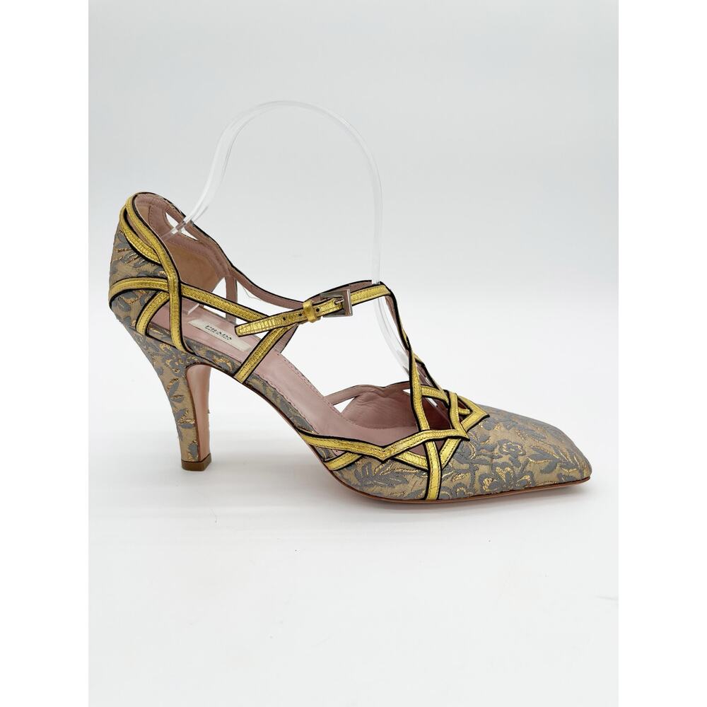 Prada Vintage Gold Floral Brocade Retro Baroque Strappy Square Toe Heels IT 40 - Picture 3 of 11